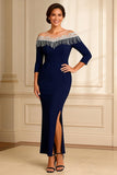 Sparkly Off the Shoulder Beaded Navy Mother of the Bride Dress