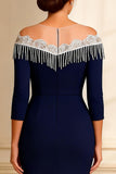 Sparkly Off the Shoulder Beaded Navy Mother of the Bride Dress