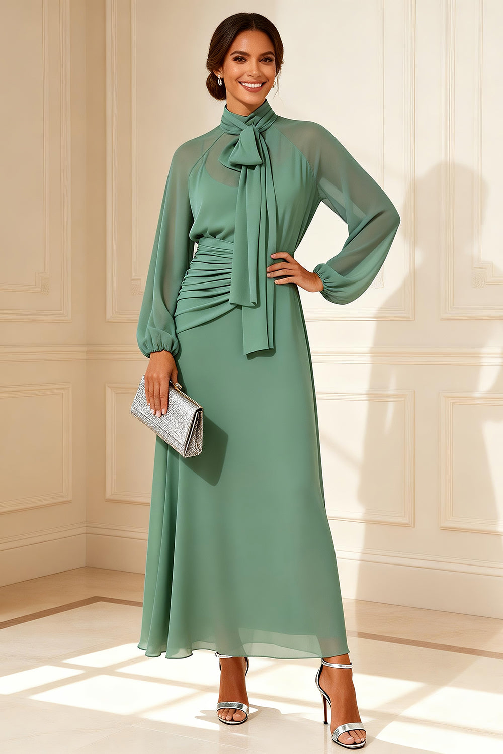 Berylove Women Sage Green A Line Mother of the Bride Dress Ruched High Neck Maxi Winter Wedding Guest Dress, Sage Green / US14 Berylove Women Sage Green A Line Mother of the Bride Dress Ruched High Neck Maxi Winter Wedding Guest Dress, Sage Green / US14