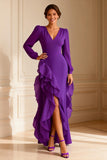 Purple Long Sleeve V Neck Ruffled Mother of the Bride Dress