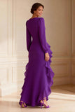 Purple Long Sleeve V Neck Ruffled Mother of the Bride Dress