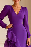 Purple Long Sleeve V Neck Ruffled Mother of the Bride Dress