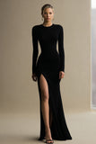 Mermaid Long Sleeve Black Tie Dress With Slit