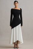 Black and White A-Line Formal Dress with Long Sleeves