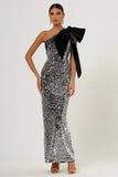 Sparkly Light Grey One Shoulder Mermaid Formal Dress With Bow