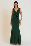 Mermaid Dark Green V-Neck Long Formal Dress With Bow