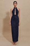 Glitter Navy Halter Sheath Long Formal Dress