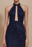 Glitter Navy Halter Sheath Long Formal Dress
