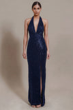 Sparkly Navy Sheath Halter Long Formal Dress With Slit