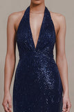 Sparkly Navy Sheath Halter Long Formal Dress With Slit