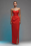 Red Strapless Sheath Maxi Formal Dress With Slit