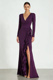 Mermaid Plum Ruffled V-Neck Maxi Formal Dress With Slit