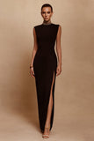Sheath Beaded High Neck Black Tie Dress With Slit
