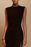 Sheath Beaded High Neck Black Tie Dress With Slit