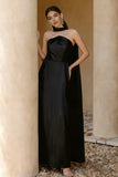 Black Strapless Sheath Satin Long Formal Dress With Streamer