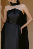 Black Strapless Sheath Satin Long Formal Dress With Streamer