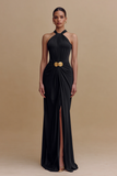 Halter Sheath Ruched Black Tie Dress With Slit