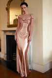 Champagne Mermaid Cold Shoulder Satin Long Formal Dress