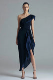 One Shoulder Asymmetrical Black and Navy Sheath Formal Dress