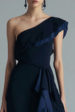 One Shoulder Asymmetrical Black and Navy Sheath Formal Dress