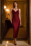 Halter Sheath Burgundy Satin Tea-Length Formal Dress