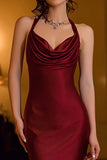 Halter Sheath Burgundy Satin Tea-Length Formal Dress