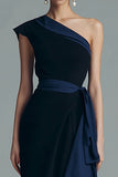 Sheath One Shoulder Black Semi-Formal Dress with Sash