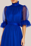 Royal Blue High Neck Ruffle Asymmetrical Formal Dress With Half Sleeves