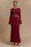 Burgundy Sheath Satin Maxi Formal Dress with Flare Sleeves