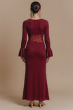 Burgundy Sheath Satin Maxi Formal Dress with Flare Sleeves