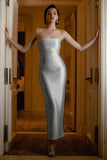 Strapless Silver Sheath Ankle-Length Formal Dress