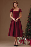Burgundy A-Line Semi-Formal Dress with Short Sleeves