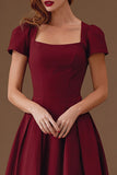 Burgundy A-Line Semi-Formal Dress with Short Sleeves