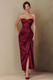 Burgundy Strapless Ruched Sheath Formal Dress With Slit