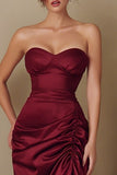 Burgundy Strapless Ruched Sheath Formal Dress With Slit