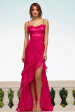Fuchsia Sheath Ruffle Spaghetti Straps High-Low Formal Dress