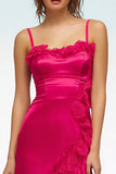 Fuchsia Sheath Ruffle Spaghetti Straps High-Low Formal Dress