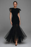 Mermaid Tulle Black Tie Dress with Flutter Sleeves