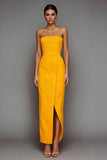 Strapless Sheath Yellow Satin Formal Dress With Slit
