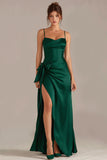 Dark Green Sheath Bowed Satin Maxi Dress With Slit