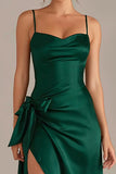 Dark Green Sheath Bowed Satin Maxi Dress With Slit