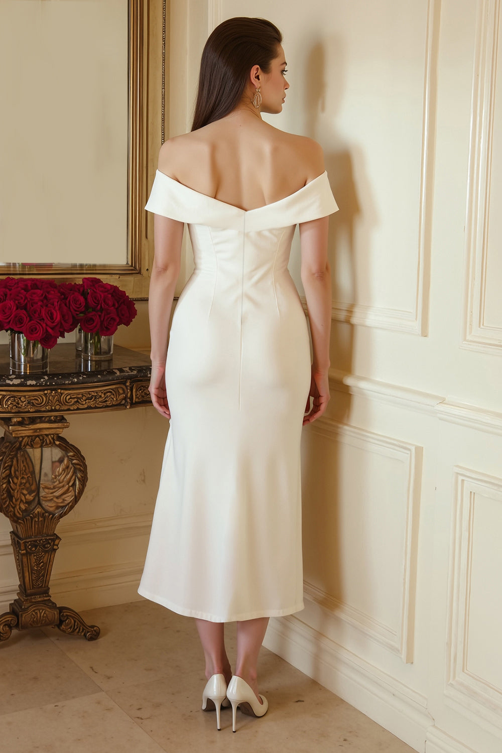 Berylove Women Satin Midi White Dress Off The Shoulder Mermaid Graduation Dress with Slit, Ivory / US26W Berylove Women Satin Midi White Dress Off The Shoulder Mermaid Graduation Dress with Slit, Ivory / US26W