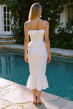 Chic Spaghetti Straps Midi White Dress with Ruffles