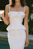 Chic Spaghetti Straps Midi White Dress with Ruffles