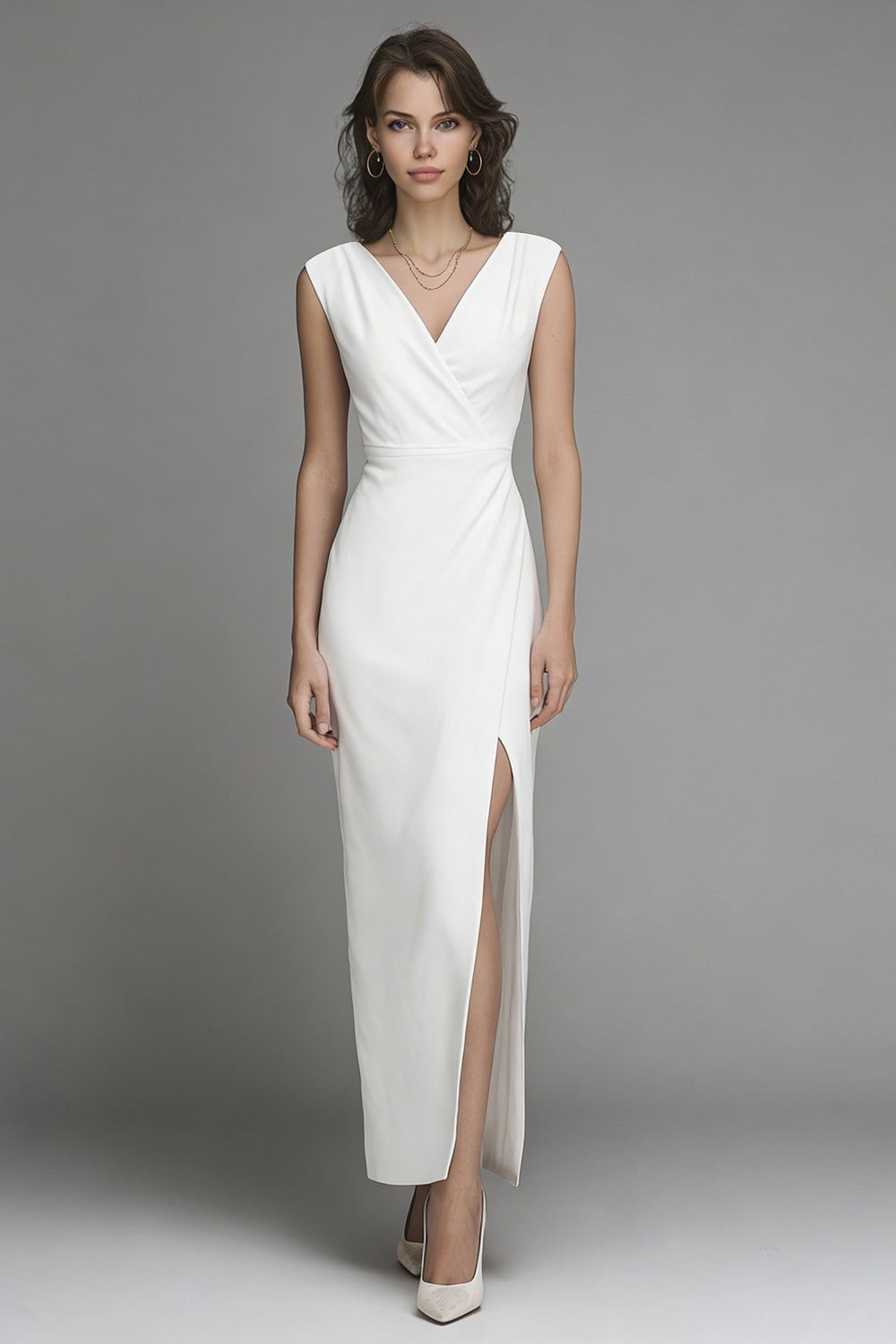 Berylove Women Sheath Maxi White Dress Simple V Neck Graduation Dress with Slit, White / US6 Berylove Women Sheath Maxi White Dress Simple V Neck Graduation Dress with Slit, White / US6