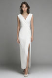 Sheath V Neck Maxi White Dress with Slit