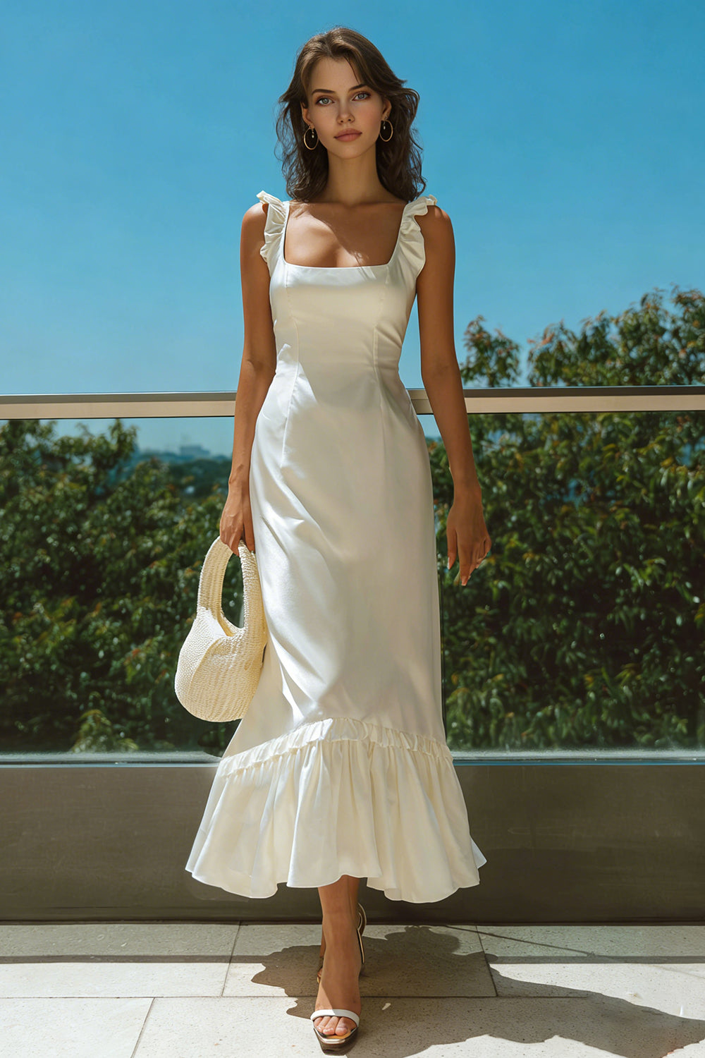 Berylove Women A Line Midi White Dress Simple Square Neck Spaghetti Straps Graduation Dress, Ivory / US2 Berylove Women A Line Midi White Dress Simple Square Neck Spaghetti Straps Graduation Dress, Ivory / US2