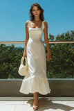 Simple Square Neck A Line Midi White Dress with Ruffles