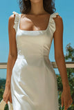 Simple Square Neck A Line Midi White Dress with Ruffles