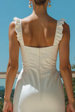 Simple Square Neck A Line Midi White Dress with Ruffles